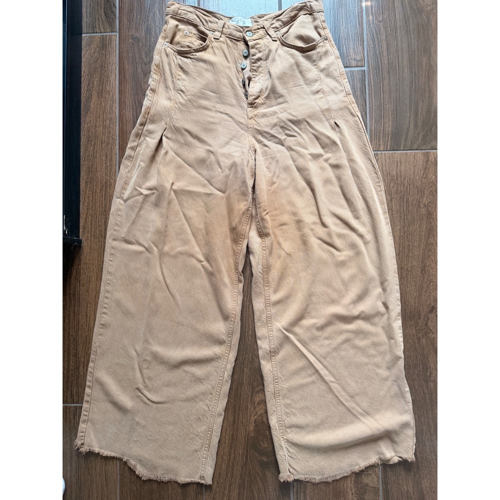 Free People We The Free Wide Leg Pants Tan Lyocell Button Fly Frayed Hem 29